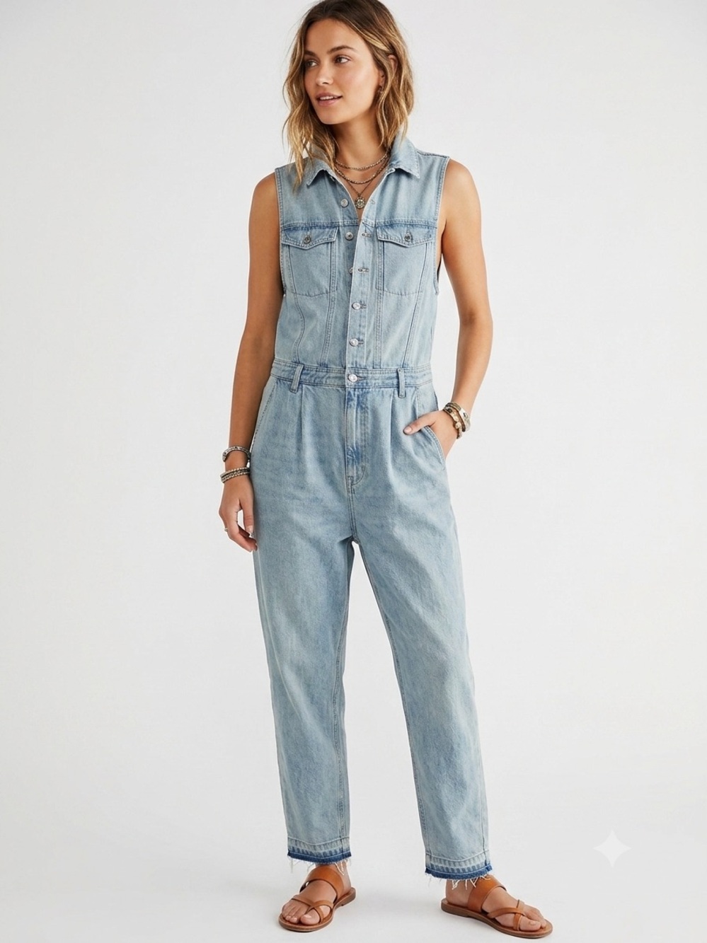 Free People We The Free Light Wash Denim Sleeveless Jumpsuit Coverall Size Large